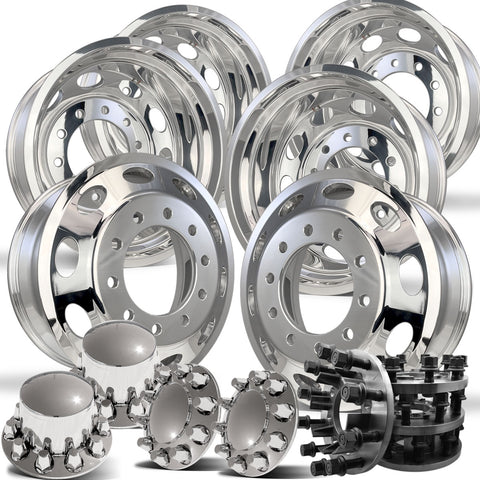22" Polished Oval Style Aluminum Wheels w/ Adapter Kit and Chrome Caps (Ford F350 1984-1997)