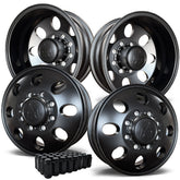 16x6 Spartan Alloy Satin Black Aluminum 4 Wheel Kit w/ Black Caps and Lugs (1977-2010 Chevy/GMC 3500, C30, K30, P30 DRW)