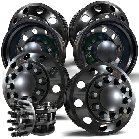 22x8.25 Satin Black Aluminum "Classic" 6 Wheel Kit w/ Adapters and Black Caps (2008-Present Ram 4500-5500)