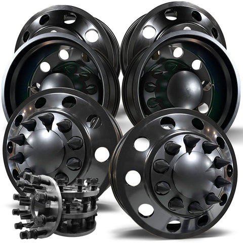 22x8.25 Satin Black Aluminum "Classic" 6 Wheel Kit w/ Adapters and Black Caps (1977-2000 Chevy/GMC 3500 DRW, P30, C30, K30)