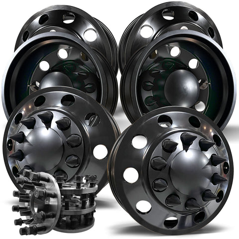 22x8.25 Satin Black Aluminum "Classic" 6 Wheel Kit w/ Adapters and Black Caps (1994-2018 Ram 3500 DRW)
