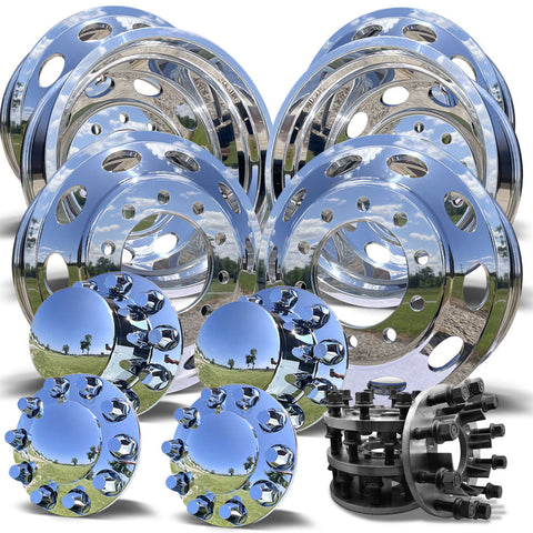 22x8.25 Mirror Forged Aluminum "Oval Hole" 6 Wheel Kit w/ Adapters and Chrome Caps (1977-2000 Chevy/GMC 3500, C30, P30, K30 DRW)