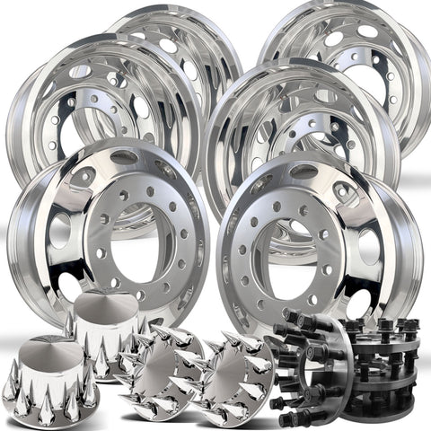 22" Polished Oval Style Aluminum Wheels w/ Adapter Kit and Chrome Caps (Ford F350 1984-1997)
