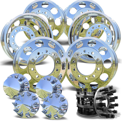 22x8.25 Mirror Forged Aluminum "Big Hole" 6 Wheel Kit w/ Adapters and Chrome Caps (1994-2018 Ram 3500 DRW)