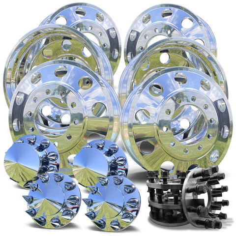 24x8.25 Polished Aluminum Wheel Kit for 2011-Present Chevy/GMC 3500 DRW – 10x285.75 with Chrome Caps & Adapter Kit (6 Wheels)
