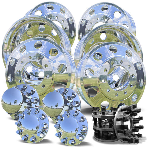 24x8.25 Polished Aluminum Wheel Kit for 1998-2004 Ford F450/F550 DRW – 10x285.75 with Chrome Caps & Adapter Kit (6 Wheels)