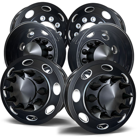 22.5 Northstar Black Aluminum Hub Pilot 6 Wheel Kit "Orbit" Style