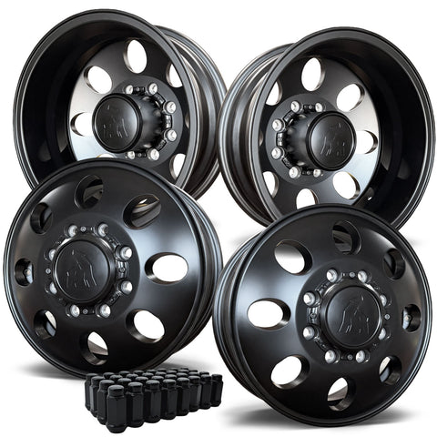16x6 Spartan Alloy Satin Black Aluminum 4 Wheel Kit w/ Black Caps and Lugs (1998-2004 Ford F350 DRW)