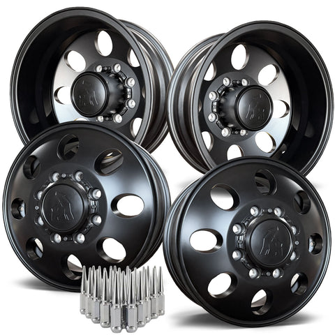 16x6 Spartan Alloy Satin Black Aluminum 4 Wheel Kit w/ Black Caps and Lugs (1998-2004 Ford F350 DRW)