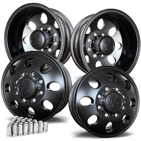16x6 Spartan Alloy Satin Black Aluminum 4 Wheel Kit w/ Black Caps and Lugs (1998-2004 Ford F350 DRW)