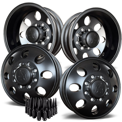 16x6 Spartan Alloy Satin Black Aluminum 4 Wheel Kit w/ Black Caps and Lugs (1998-2004 Ford F350 DRW)