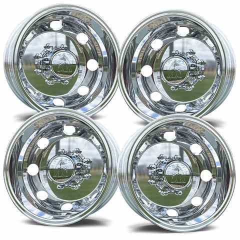 16x6 Mirror Polished Aluminum Dual Trailer Wheel Kit – 8x6.5 Hub Pilot | 4 Wheels with Caps & Lug Nuts