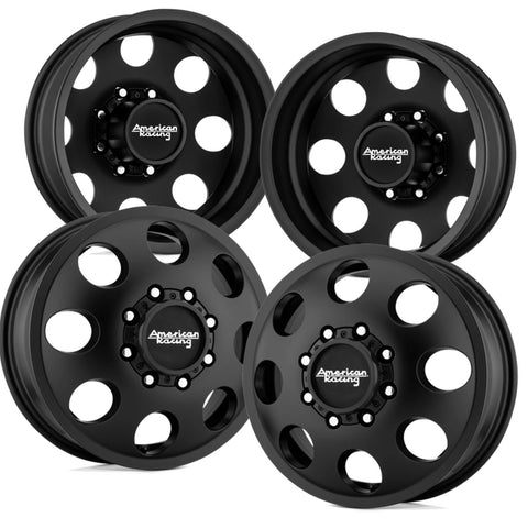 American Racing Baja DRW 16×6 8×6.5 Satin Black Aluminum 4-Wheel Kit (Ford, Ram)