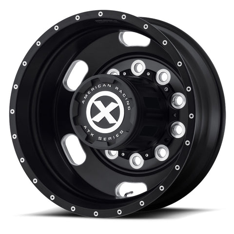 22.5X8.25 ATX 10X285MM HUB PILOT SATIN BLACK "INDY" 4 WHEEL KIT - SINGLE REAR AXLE