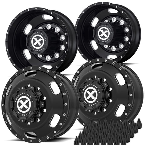 22.5X8.25 ATX 10X285MM HUB PILOT SATIN BLACK "INDY" 4 WHEEL KIT - SINGLE REAR AXLE