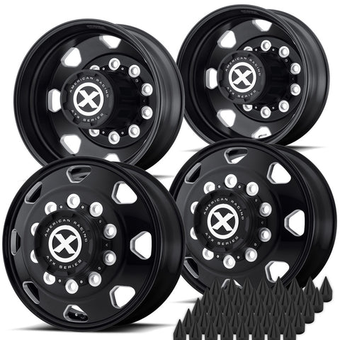 22.5X8.25 ATX 10X285MM HUB PILOT SATIN BLACK "OCTANE" 4 WHEEL KIT - SINGLE REAR AXLE