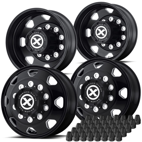 22.5X8.25 ATX 10X285MM HUB PILOT SATIN BLACK "OCTANE" 4 WHEEL KIT - SINGLE REAR AXLE