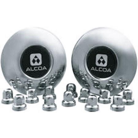 2 Alcoa Stainless Steel Front Dual Hub Covers for Sprinter with 12 Stainless Steel Alcoa Lug Nut Covers