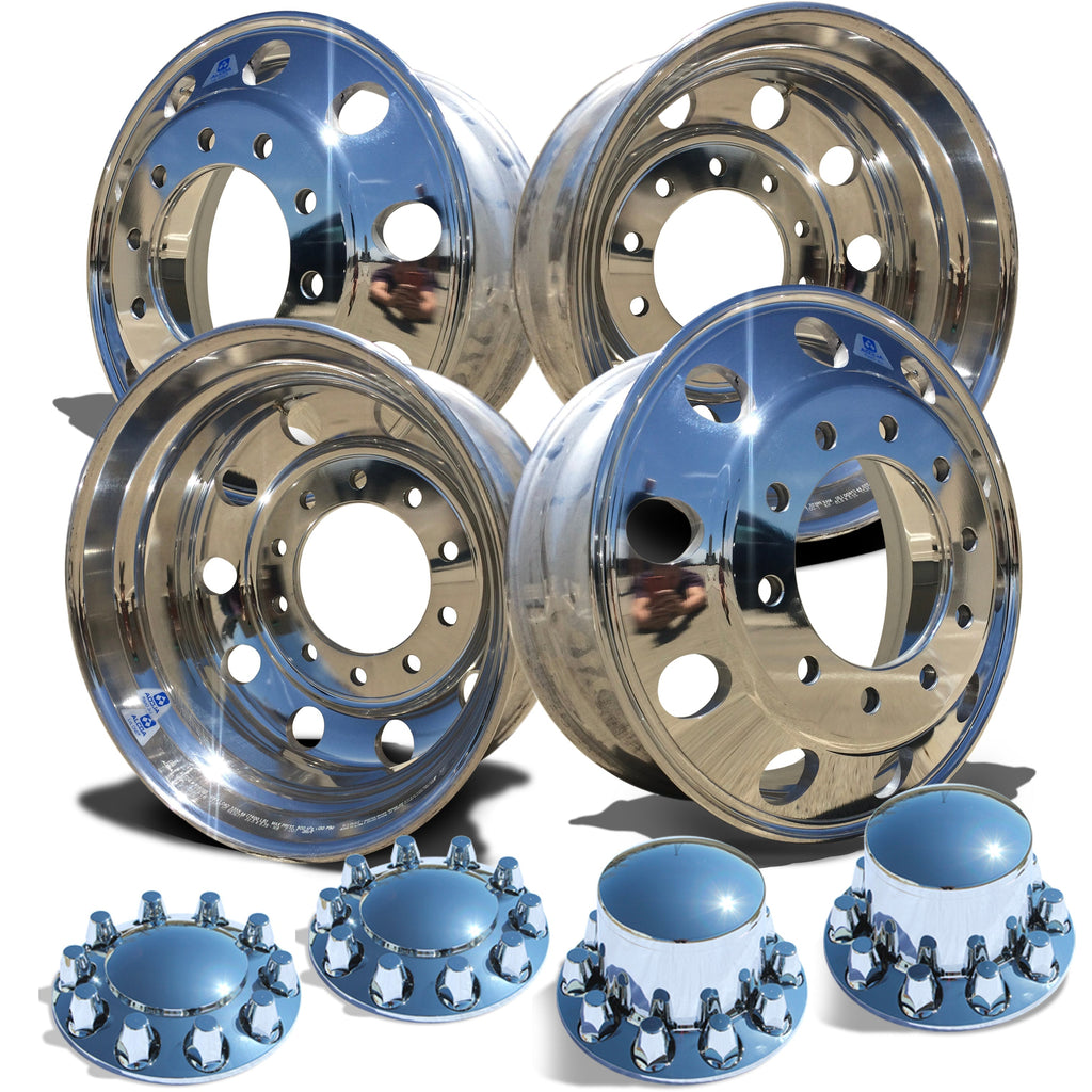 22.5 Alcoa LvL ONE Truck Wheels Chrome 076188 & 077188 Rounded Hub Cover with Regular Lug Nut Cover Kits
