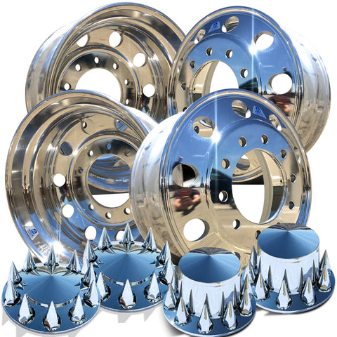 Alcoa's Mirror Polish on 22.5" x 8.25" 4 Wheel Kit with Pointed Caps Spiked Nut Cover Option