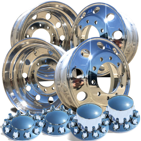 Alcoa's Mirror Polish on 22.5" x 8.25" 4 Wheel Kit with Rounded Caps Regular Nut Cover Option