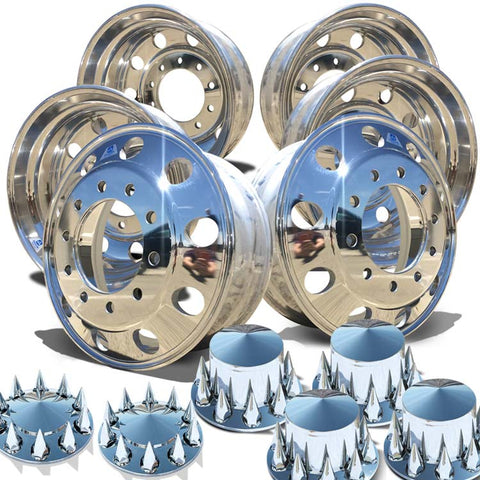Alcoa's Mirror Polish on 22.5" x 8.25" 6 Wheel Kit with Pointed Caps Spiked Nut Cover Option