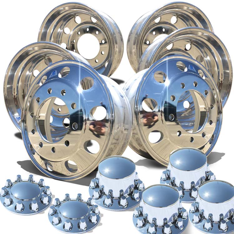 Alcoa's Mirror Polish on 22.5" x 8.25" 6 Wheel Kit with Rounded Caps Regular Nut Cover Option