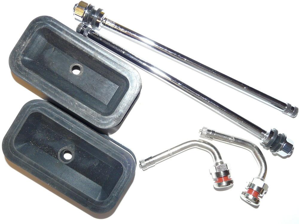 Kit Includes 7” Reverse Mount Chrome Valve stems, 3.75” Triple Bend Chrome Valve Stems and Oval Rubber Grommet Stabilizers
